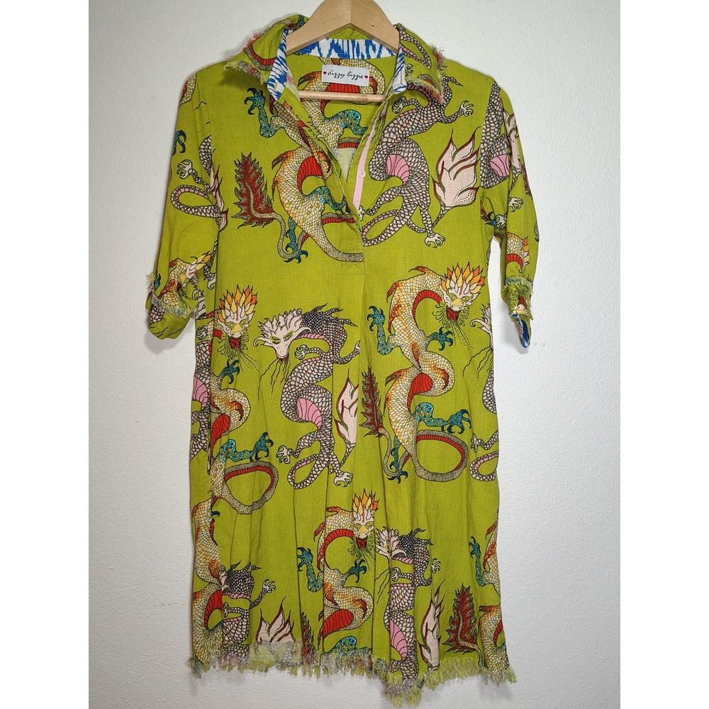 Dizzy Lizzie Green Dragon Print Cotton Linen Frayed Hem Shirt Dress Small